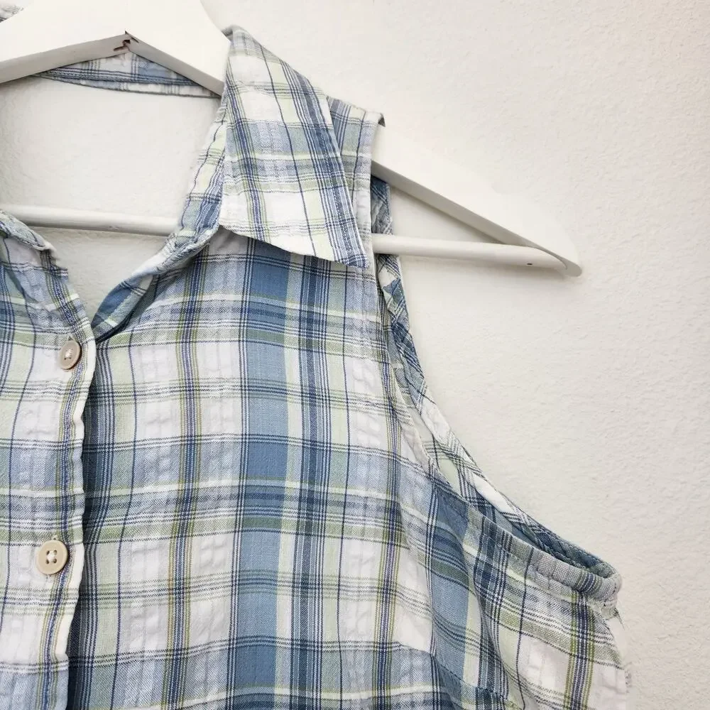 Vintage Y2K Faded Glory Blue White Plaid Sleeveless Button Down Top S Cottage - Picture 6 of 9